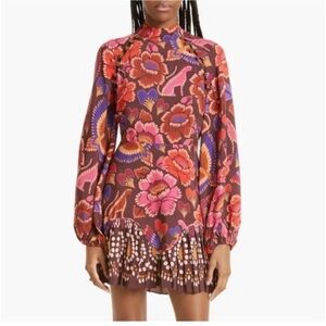 FARM Rio Multicolor Floral Dress Long Sleeve M Medium Brown Red Pink